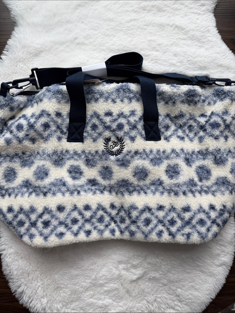 NWT VS PINK Cozy Plush Weekender Tote Fair Isle Embroidered Logo Navy Cream